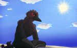  anthro avian beach beak bird black_body black_feathers blue_sky cloud corvid corvus_(genus) crow digital_media_(artwork) dungeons_and_dragons feathers feng_(geno28) feral geno28_(artist) group hasbro hi_res kenku looking_at_viewer male nude oscine outside passerine sand seaside sky smile solo summer sun water wizards_of_the_coast 