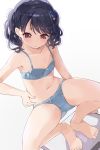  bare_arms bare_legs bare_shoulders barefoot belly_grab black_hair blue_bra blue_panties bow bow_bra bow_panties bra commentary_request dutch_angle flat_chest flower fukumaru_koito hair_flower hair_ornament highres hiroki_(yyqw7151) idolmaster idolmaster_shiny_colors navel panties purple_eyes squatting twintails underwear underwear_only weighing_scale weight_conscious white_background 