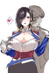  1boy 1girl absurdres ark_royal_(azur_lane) azur_lane black_hair blue_eyes blush breasts cleavage cleavage_cutout commentary_request eyes_visible_through_hair gloves hair_over_one_eye heart highres jacket large_breasts long_sleeves multicolored multicolored_clothes multicolored_jacket open_mouth short_hair slept_(re_mix) speech_bubble standing sweat white_background white_gloves 