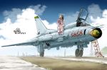  aircraft airplane ajirogasa barefoot black_hair cloud day dress fighter_jet hanbok hand_on_another&#039;s_face hat jet korean_clothes ladder long_hair military military_vehicle multiple_girls original runway signature sky su-22 vietnam vietnamese_clothes vietnamese_dress yuri 