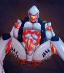  2020 clothing e-zoid faceless_male genitals hi_res jacket lava_lamp lying machine male muscular on_back penis robot simple_background solo spread_legs spreading topwear 