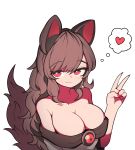  1girl absurdres animal_ear_fluff animal_ears bangs bare_shoulders breasts brooch brown_hair cleavage dress eyebrows_visible_through_hair fingernails hand_up heart heart-shaped_pupils hh highres imaizumi_kagerou jewelry large_breasts long_fingernails long_hair long_sleeves looking_at_viewer nail_polish off-shoulder_dress off_shoulder red_eyes red_nails sharp_fingernails simple_background smile solo symbol-shaped_pupils tail touhou upper_body v white_background white_dress wide_sleeves wolf_ears wolf_tail 