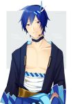  1boy blue_eyes blue_hair blue_robe commentary grey_background hair_ornament headset kaito magical_mirai_(vocaloid) male_focus nokuhashi open_clothes open_shirt parted_lips sarashi smile upper_body vocaloid 