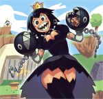  1girl black_dress black_hair black_legwear black_panties breasts chain_chomp choker cleavage dress earrings elbow_gloves floating_island gloves grass highres jewelry king_bob-omb looking_at_viewer no_nose panties personification princess_chain_chomp saliva sharp_teeth short_hair super_crown taikodon teeth thighhighs torn_clothes torn_gloves tree underwear 