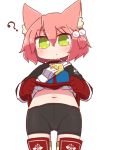  1girl 7th_dragon 7th_dragon_(series) ? animal_ear_fluff animal_ears bangs belt belt_buckle bike_shorts black_shorts blue_jacket blush buckle cat_ears closed_mouth eyebrows_visible_through_hair gloves green_eyes hair_between_eyes hair_bobbles hair_ornament harukara_(7th_dragon) highres jacket jacket_lift lifted_by_self long_sleeves naga_u navel one_side_up pink_hair red_gloves short_shorts shorts simple_background solo standing striped striped_legwear thighhighs white_background white_belt 