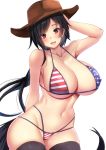  1girl american_flag_bikini bikini black_hair breasts brown_headwear covered_nipples cowboy_hat ebi_193 flag_print hat huge_breasts kurokoma_saki looking_at_viewer multi-strapped_bikini print_bikini print_swimsuit red_eyes smile swimsuit tail thighhighs touhou white_background 