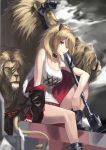  1girl absurdres animal_ears arknights bare_legs black_choker black_footwear black_jacket blonde_hair boots breasts choker cleavage closed_mouth commentary cross-laced_footwear eyelashes fur-trimmed_jacket fur_trim grey_sky highres jacket knee_up lion lion_ears lion_tail long_hair looking_at_viewer medium_breasts mikiton mouth_hold off_shoulder outdoors ponytail red_shorts short_shorts shorts siege_(arknights) sitting sledgehammer solo tail tank_top thighs white_tank_top yellow_eyes 