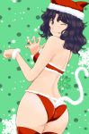  1girl ;p amagami bangs black_hair bra brown_eyes cat_tail closed_mouth cowboy_shot crayon_(medium) eyebrows_visible_through_hair fur-trimmed_bra fur-trimmed_headwear fur-trimmed_panties green_background hat long_hair looking_at_viewer looking_back one_eye_closed panties red_bra red_headwear red_legwear red_panties santa_hat shiny shiny_hair shoulder_blades smile solo standing tail takemi_kaoru tanamachi_kaoru thighhighs tongue tongue_out traditional_media underwear underwear_only wrist_cuffs 