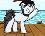  5:4 clothing dock equid equine eyes_closed fan_character feathers female feral fur hair hasbro hat headgear headwear horse mammal my_little_pony outside pirate pokefound pony smile solo water 