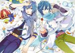  2boys akiyoshi_(tama-pete) blue_eyes blue_flower blue_hair blue_nails bow bowtie candy cat collaboration commentary crown eating fish flower food hand_on_own_head headphones jacket kaito lollipop lying microphone mouth_hold multiple_boys nail_polish scarf sheet_music short_hair striped vocaloid yoshiki 