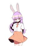  1girl absurdres animal_ears arm_behind_head bangs blush breasts bunny_ears closed_mouth commentary_request cowboy_shot eyebrows_visible_through_hair hair_between_eyes hh highres long_hair looking_at_viewer miniskirt necktie orange_neckwear orange_skirt purple_hair red_eyes reisen_udongein_inaba shirt short_necktie short_sleeves simple_background skirt smile solo standing touhou white_background white_shirt 
