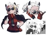  1girl black_neckwear black_pants black_suit blind chillarism coat coat_on_shoulders fingerless_gloves gleam gloves grey_eyes helltaker highres horns justice_(helltaker) laughing necktie pants red_gloves red_shirt shirt sunglasses tie_clip white_hair 