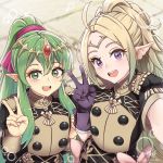  2girls artist_name blonde_hair fire_emblem fire_emblem:_mystery_of_the_emblem fire_emblem:_three_houses fire_emblem_awakening garreg_mach_monastery_uniform gloves green_eyes green_hair highres long_hair long_sleeves multiple_girls nowi_(fire_emblem) pointy_ears ponytail purple_eyes short_sleeves tiara tiki_(fire_emblem) uniform upper_body v zedoraart 