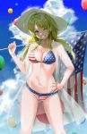  1girl absurdres ahoge american_flag american_flag_bikini balloon bikini blonde_hair blue_eyes blue_sky breasts cloud collarbone commentary_request cowboy_shot day flag_print grin hachimiya_meguru hand_on_hip hat highres idolmaster idolmaster_shiny_colors long_hair looking_at_viewer low_twintails medium_breasts outdoors robe see-through sky smile solo straw_hat sun_hat swimsuit terada_tera twintails 