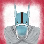  1:1 absurd_res angry anthro blood blue_body blue_skin bodily_fluids brown_eyes fish hi_res looking_at_viewer male marine mask orbitalis shark simple_background solo straitjacket 