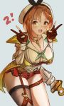  1girl :d atelier_(series) atelier_ryza blush braid breasts brown_gloves brown_hair cleavage gloves green_neckwear hair_ornament hair_ribbon hairclip highres ippers jacket jewelry key_necklace large_breasts leather leather_gloves necklace open_mouth partly_fingerless_gloves red_shorts reisalin_stout ribbon shirt short_hair short_shorts shorts single_braid single_sidelock single_thighhigh smile standing thigh_strap thighhighs thighs v white_headwear white_shirt yellow_eyes yellow_jacket 