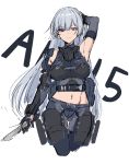  1girl ak-15_(girls_frontline) arm_on_head armpits artificial_eye bangs bare_shoulders breasts character_name detached_sleeves eyebrows_visible_through_hair girls_frontline highres holding holding_knife knife large_breasts long_hair mask_around_neck midriff mistrie navel pants purple_eyes silver_hair tactical_clothes thigh_pouch 