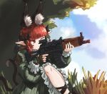  1girl aks-74u animal_ear_fluff animal_ears artist_name assault_rifle bigcat_114514 black_bow bow braid cat_ears cat_tail chinese_commentary cloud commentary_request dress extra_ears frilled_dress frilled_sleeves frills grass green_dress gun hair_bow highres holding holding_gun holding_weapon juliet_sleeves kaenbyou_rin long_hair long_sleeves one_eye_closed pointy_ears puffy_sleeves red_eyes red_hair rifle scope solo tail touhou twin_braids twitter_username walkie-talkie weapon 