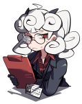  1girl black_gloves black_suit chillarism clipboard curly_hair glasses gloves helltaker highres horns name_tag pandemonica_(helltaker) red_eyes red_shirt shirt slit_pupils white_hair 