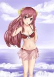  1girl bikini blue_sky cloud cowboy_shot frilled_bikini frills front-tie_top highres horizon kamikaze_(kantai_collection) kantai_collection leaning_to_the_side long_hair looking_at_viewer ocean red_bikini red_eyes red_hair sarong see-through side-tie_bikini sky solo standing swimsuit zuikillme 