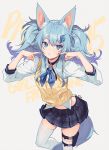  1girl animal_ears black_choker black_skirt blue_eyes blue_hair blue_neckwear bow bowtie choker collared_shirt fox_ears fox_girl fox_tail girls_frontline hair_ornament hands_up heart heart-shaped_pupils kemonomimi_mode leg_belt long_hair long_sleeves looking_at_viewer midriff miniskirt nagu pa-15_(girls_frontline) pleated_skirt pouty_lips school_uniform shirt skindentation skirt solo sweater_vest symbol-shaped_pupils tail thighhighs twintails white_background white_legwear white_shirt zettai_ryouiki 