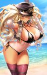  1girl absurdres adjusting_clothes adjusting_hat armpits beach blonde_hair blue_sky blush breasts bridal_gauntlets brown_eyes cleavage cropped_vest dark_skin elbow_gloves gloves granblue_fantasy grin hat hat_feather highres huge_breasts long_hair looking_at_viewer military_hat monika_weisswind navel ocean open_clothes open_vest peaked_cap red_legwear shore sky smile tan tanline thighhighs thighs twintails ulrich_(tagaragakuin) vest wavy_hair wet white_gloves wide_hips 