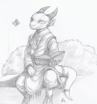  2019 ambiguous_gender anthro arthropod book butterfly claws clothed clothing crestfallenartist ear_piercing ear_ring fully_clothed greyscale holding_object horn horn_ring insect kobold lepidopteran looking_aside monochrome piercing scalie simple_background sitting solo tail_ring traditional_media_(artwork) white_background 