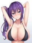 1girl armpits arms_behind_head bikini blue_eyes blush breasts cleavage highres huge_breasts long_hair looking_to_the_side micro_bikini original purple_hair side_ponytail simple_background standing swimsuit tapisuke upper_body white_background 
