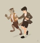  19th_century 2018 4_fingers 5_fingers age_difference anthro blue_eyes bottomwear brown_background brown_eyes brown_hair brown_jacket brown_nose canid canine canis clothing commission_art digitigrade dirt duo eye_contact fantasy fingers flat_colors footwear friendly fur gesture grey_body grey_fur hair hand_on_arm hi_res historical human james_lawton looking_at_another male mammal newsboy_cap pawpads peter_gray plantigrade pointing ritwell running shirt shoes shorts simple_background smile suspenders teenager topwear traditional_media_(artwork) undershirt vest wolf wolf_tail young 