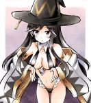  1girl black_hair breasts brown_eyes character_request cleavage detached_sleeves hat highres kirara_fantasia looking_up ma_tsukasa medium_breasts solo string_bikini witch witch_hat 