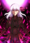  1girl bangs black_dress body_markings breasts corruption dark_persona dark_sakura dress fate/stay_night fate_(series) hair_ribbon heaven&#039;s_feel hera_(hara0742) highres large_breasts long_hair long_sleeves looking_at_viewer matou_sakura open_mouth pink_eyes red_ribbon ribbon smile white_hair 