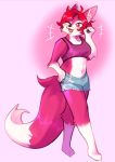  2020 anthro barefoot black_nose blush bottomwear breasts canid canine clothing female fox hair hand_on_hip hi_res inner_ear_fluff mammal navel one_eye_closed open_mouth pawberry red_eyes red_fox red_hair regys_(carp) shirt short_hair shorts simple_background smile solo standing tank_top topwear tuft white_background 