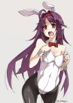  1girl animal_ears ass_visible_through_thighs black_legwear bow bowtie bunny_ears bunny_girl bunnysuit covered_navel cowboy_shot detached_collar fang flat_chest grey_background hairband highres leotard long_hair looking_to_the_side open_mouth pantyhose pointy_ears purple_hair purple_leotard red_eyes red_hairband red_neckwear shikei simple_background skin_fang solo strapless strapless_leotard sword_art_online white_leotard wrist_cuffs yuuki_(sao) 
