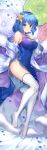  1girl absurdres bangs bed blue_dress blue_eyes blue_hair blush breasts capura_lin china_dress chinese_clothes cleavage cleavage_cutout commentary_request dakimakura dress elbow_gloves eyebrows_visible_through_hair flower gloves hair_flower hair_ornament highres looking_at_viewer lying on_back original panties petals pillow short_hair side-tie_panties sidelocks sleeveless sleeveless_dress solo thighhighs underwear watermark white_gloves white_legwear white_panties 