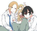  :d :o black_hair blonde_hair blue_neckwear bow brown_hair chestnut_mouth echizen_(tanakeda) grey_pants hair_between_eyes hand_on_own_knee hand_up long_hair miyano_(tanakeda) necktie nishiki1225 oota_(tanakeda) open_mouth pale_skin pants pose red_bow school_uniform shirt simple_background sitting smile tanaka-kun_wa_itsumo_kedaruge tanaka_(tanakeda) v white_background white_shirt 