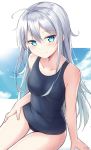  1girl ass_visible_through_thighs bangs bare_shoulders blue_eyes blue_sky blue_swimsuit blush breasts cloud collarbone commentary_request covered_navel eyebrows_visible_through_hair hair_between_eyes hibiki_(kantai_collection) highres kantai_collection kohakope long_hair looking_at_viewer old_school_swimsuit one-piece_swimsuit school_swimsuit silver_hair sitting sky small_breasts smile solo swimsuit 