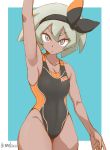  1girl alternate_costume arm_up armpits artist_name bangs black_hairband breasts camekirin cleavage closed_mouth collarbone commentary_request competition_swimsuit covered_navel eyebrows_visible_through_hair eyelashes grey_eyes grey_hair hairband head_tilt highres looking_at_viewer one-piece_swimsuit pokemon pokemon_(game) pokemon_swsh print_swimsuit saitou_(pokemon) short_hair solo swimsuit two-tone_background 