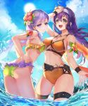  2girls :d ahoge arm_strap armpits ass bangs bare_shoulders belt bikini blue_sky blush breasts cleavage collarbone commentary_request day fire_emblem fire_emblem:_path_of_radiance fire_emblem:_radiant_dawn fire_emblem_heroes flower frilled_bikini frills green_bikini green_eyes hair_flower hair_intakes hair_ornament hairband heart hibiscus ilyana_(fire_emblem) kokouno_oyazi leaning_forward light_rays long_hair looking_at_viewer looking_back medium_breasts mia_(fire_emblem) multiple_girls navel open_mouth orange_bikini orange_flower outdoors purple_eyes purple_hair red_flower sky small_breasts smile standing stomach strap_gap sunbeam sunlight swept_bangs swimsuit thigh_strap underboob underboob_cutout water water_drop white_hairband wristband 