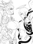  2girls angel angel_wings armor breast_contest breasts closed_mouth eye_contact from_side gauntlets greyscale halo hands_up head_wings large_breasts looking_at_another maritan_(pixelmaritan) monochrome multiple_girls navel nipples original pointy_ears simple_background smile smug standing sweat visor_(armor) white_background wide-eyed wings 
