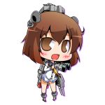  1girl binoculars brown_eyes brown_hair chibi commentary_request dress headgear headset kantai_collection looking_at_viewer lowres neckerchief open_mouth pac-man_eyes sailor_dress short_hair simple_background solo speaking_tube_headset suntail white_background yellow_neckwear yukikaze_(kantai_collection) 