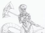  2020 anthro armor axe breasts clothed clothing crestfallenartist female greyscale holding_object holding_weapon hood melee_weapon monochrome naga non-mammal_breasts reptile scales scalie serpentine simple_background snake solo traditional_media_(artwork) weapon white_background 