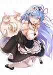  1girl :o alternate_hair_length alternate_hairstyle bad_perspective black_dress black_footwear blue_eyes blue_hair breasts cleavage cup detached_collar dress frilled_dress frills hair_ornament hair_over_one_eye hair_ribbon highres large_breasts long_hair long_sleeves looking_at_viewer maid pantyhose re:zero_kara_hajimeru_isekai_seikatsu rem_(re:zero) ribbon simple_background siro_joon solo spilling tea teacup teapot tray white_background 