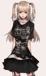  1girl absurdres alternate_costume amane_misa black_choker black_shirt black_skirt blonde_hair choker cross cross_necklace death_note death_note_(object) english_text highres jewelry mano_aaa necklace shirt skirt solo twintails 