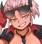  1girl between_breasts black_jacket black_neckwear breasts demon_horns eyewear_on_head grey_hair grin hand_up helltaker horns jacket justice_(helltaker) looking_at_viewer necktie necktie_between_breasts open_clothes open_jacket out-of-frame_censoring ponytail simple_background smile solo sunglasses upper_body white_background zakusi 