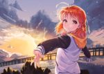  1girl bow braid hair_bow highres hood hood_down hoodie long_sleeves looking_at_viewer looking_back love_live! love_live!_school_idol_project love_live!_sunshine!! orange_bow orange_hair outdoors outstretched_arms scenery short_hair siro_joon smile solo standing takami_chika twilight upper_body water 