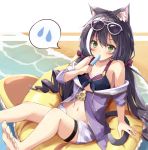  1girl animal_ear_fluff animal_ears barefoot bikini bikini_top black_hair blush cat_ears cat_girl cat_tail commentary_request eating eyebrows_visible_through_hair eyewear_on_head food green_eyes hair_between_eyes highres holding holding_food hood hoodie karyl_(princess_connect!) looking_at_viewer mizutan64 multicolored_hair ocean popsicle princess_connect! princess_connect!_re:dive purple_hoodie shorts sitting solo spoken_sweatdrop sunglasses sweatdrop swimsuit tail two-tone_hair white_hair white_shorts 