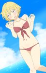  1girl beach bikini black_eyes blonde_hair blush breasts echizen_(tanakeda) hands_up highres knees_together_feet_apart little_sound navel outdoors short_hair small_breasts solo standing swimsuit tanaka-kun_wa_itsumo_kedaruge 