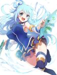  1girl :d aqua_(konosuba) armpits ass_visible_through_thighs bangs bare_shoulders blue_dress blue_eyes blue_footwear blue_hair blush boots breasts commentary_request detached_sleeves dress eyebrows_visible_through_hair fan floating_hair floral_print folding_fan foot_out_of_frame from_below hair_ornament hair_rings happy highres holding holding_fan knee_up kokouno_oyazi kono_subarashii_sekai_ni_shukufuku_wo! large_breasts long_hair long_sleeves looking_at_viewer open_mouth pussy simple_background skirt smile solo thigh_boots thighhighs very_long_hair white_background white_legwear white_sleeves 