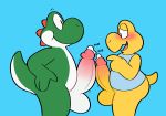  anthro balls big_penis birdvian blush bodily_fluids clothing comparing duo frottage genital_fluids genitals hi_res huge_penis humanoid_genitalia humanoid_penis koopa male male/male mario_bros nintendo penis precum scalie sex shirt simple_background sound_effects topwear video_games yoshi 