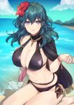  1girl bangs bare_legs barefoot beach bikini black_bikini black_cape blue_eyes blue_hair blurry blurry_background breasts byleth_(fire_emblem) byleth_(fire_emblem)_(female) cape cleavage closed_mouth day depth_of_field eyebrows_visible_through_hair fire_emblem fire_emblem:_three_houses flower fringe_trim hair_flower hair_ornament hibiscus highres kokouno_oyazi large_breasts long_hair looking_at_viewer navel ocean outdoors pink_ribbon red_flower ribbon sitting smile solo stomach swimsuit tassel wariza water wrist_ribbon 